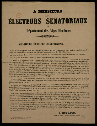 A Messieurs les électeurs sénatoriaux du département des Alpes-Maritimes : J. Roubaud