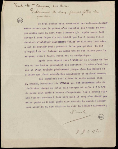 [Lille] : École Mme Campan, rue Broca Enlèvement de deux jeunes filles du Quartier