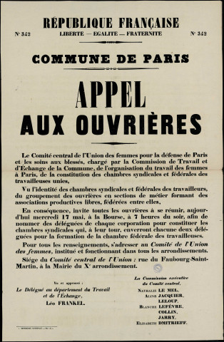 N°342. Appel aux ouvrières Comité central de l'union des femmes pour la défense de Paris