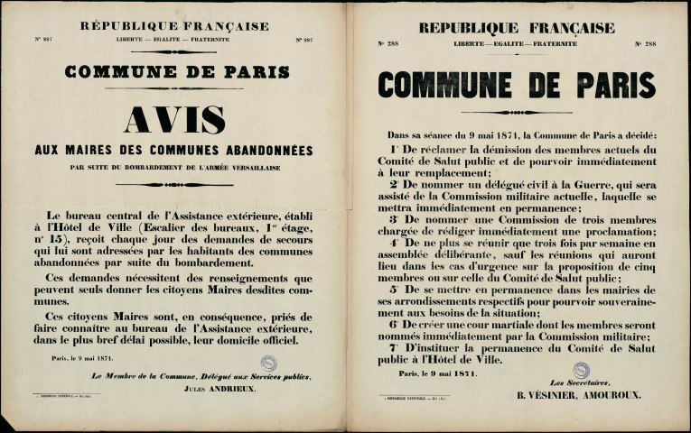 N°287. Commune de Paris. Avis aux maires des communes abandonnées par suite du bombardement de l'armée versaillaise