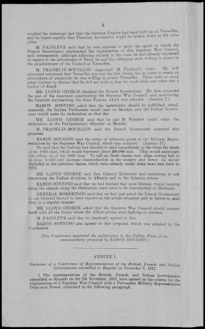 Décisions prises des gouvernement britannique, français et italien à Rapallo le 7 novembre 1917. Sous-Titre : Conférences de la paix