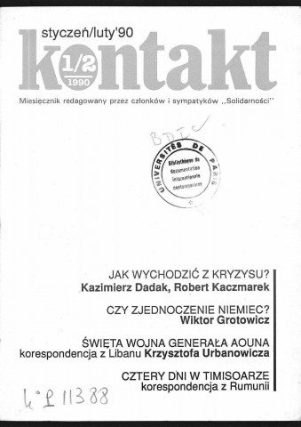 Kontakt (1990; n°1/2- n°12) Sous-Titre : Miesiecznik redagowany przez czlonkow i wspolpracownikow NSZZ Solidarnosc