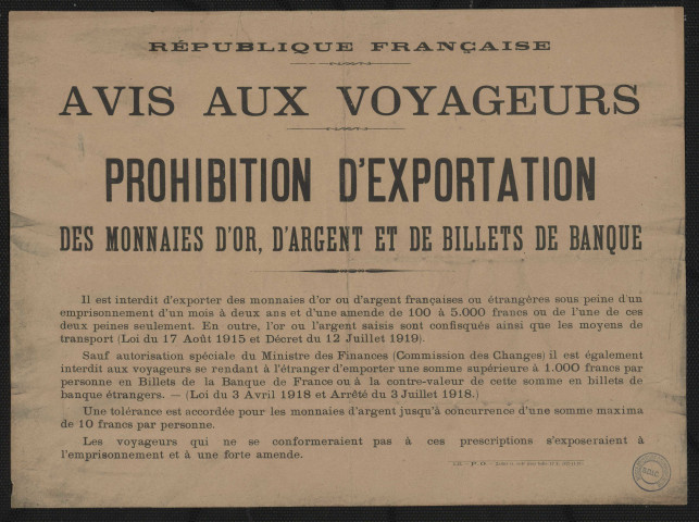 Prohibition d'exportation des monnaies d'or, d'argent et de billets de banque