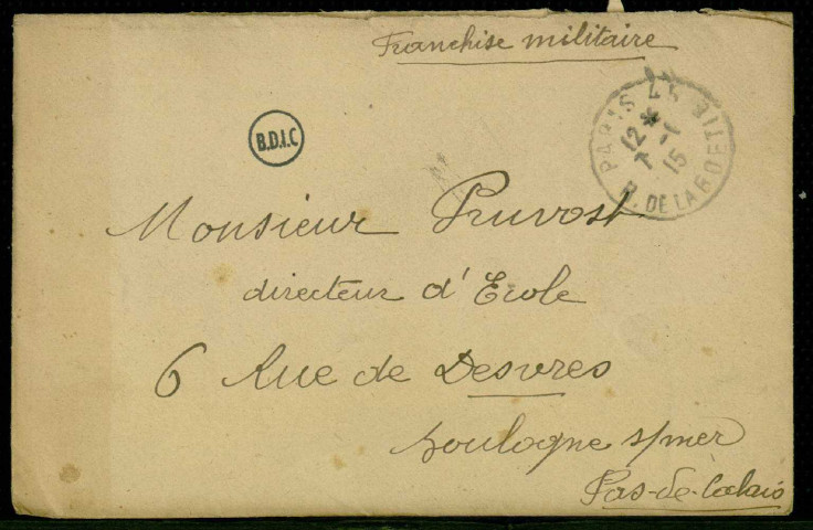 Lettres de Cyrille Boyaval, ancien élève de l'école F.Dezoteux, prisonnier, du 6/10/1915, Croix de Guerre