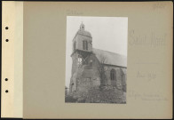 Saint-Morel. L'église bombardée. Toiture en réparation