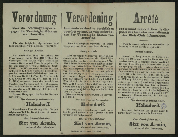 Vermögenssperre gegen die Vereinigten Staaten von Amerika = Verbod te beschikken over het vermogen van onderdanen der Vereenigde Staten van Amerika = Interdiction de disposer des biens des ressortissants des Etats-Unis d'Amérique