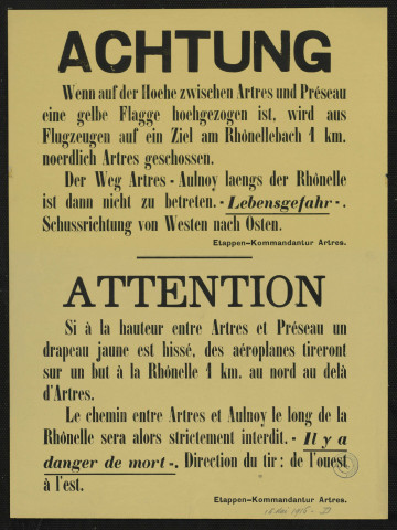 Wenn auf der Hoehe zwischen Artres und Préseau eine gelbe Flagge hoehgezogen ist, wird aus Flugzeugen auf ein Ziel... geschossen = Si à la hauteur entre Artres et Préseau un drapeau jaune est hissé, des aéroplanes tireront sur un but