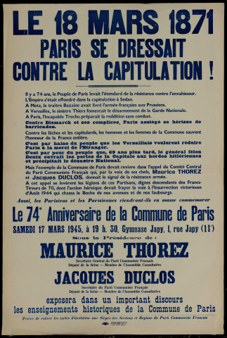 Le 18 mars 1871 Paris se dressait contre la capitulation : 74e anniversaire de la Commune de Paris