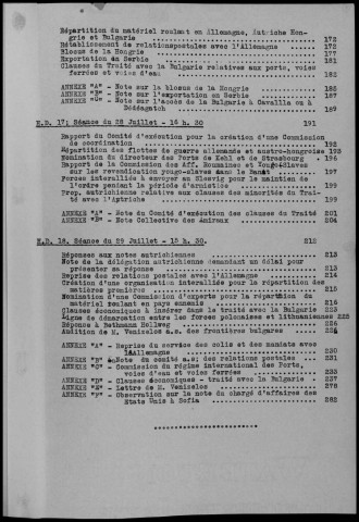 TABLE DES MATIERES : Conférences et réunions du 21 au 29 juillet 1919. Sous-Titre : Conférences de la paix
