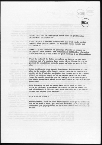 Argentine entre la terreur et l'espérance : témoignage écrit dans un camp de concentration / CIMADE, 1976. Sous-Titre : Fonds Argentine