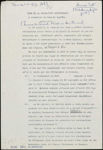 Conseil suprême des puissances alliées. 1-3-12-13 novembre 1919. Rapports sur : Hongrie; Nouveau traité avec la Grèce; Occupation du Mémel; Incidents de SmyrneSous-Titre : Dossier Mantoux