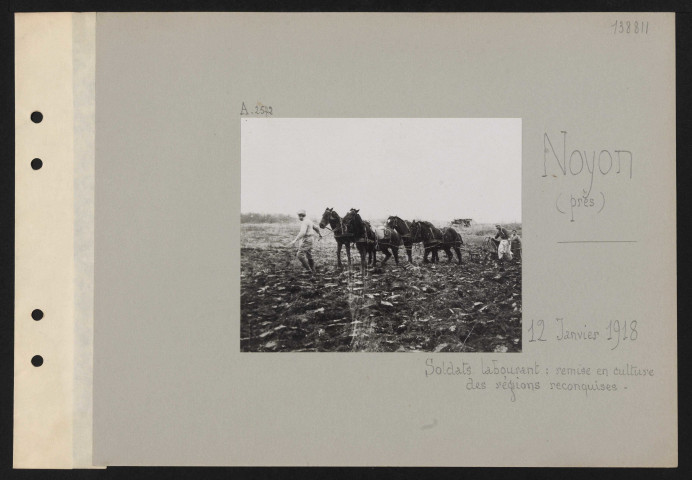 Noyon (près). Soldats labourant : remise en culture des régions reconquises