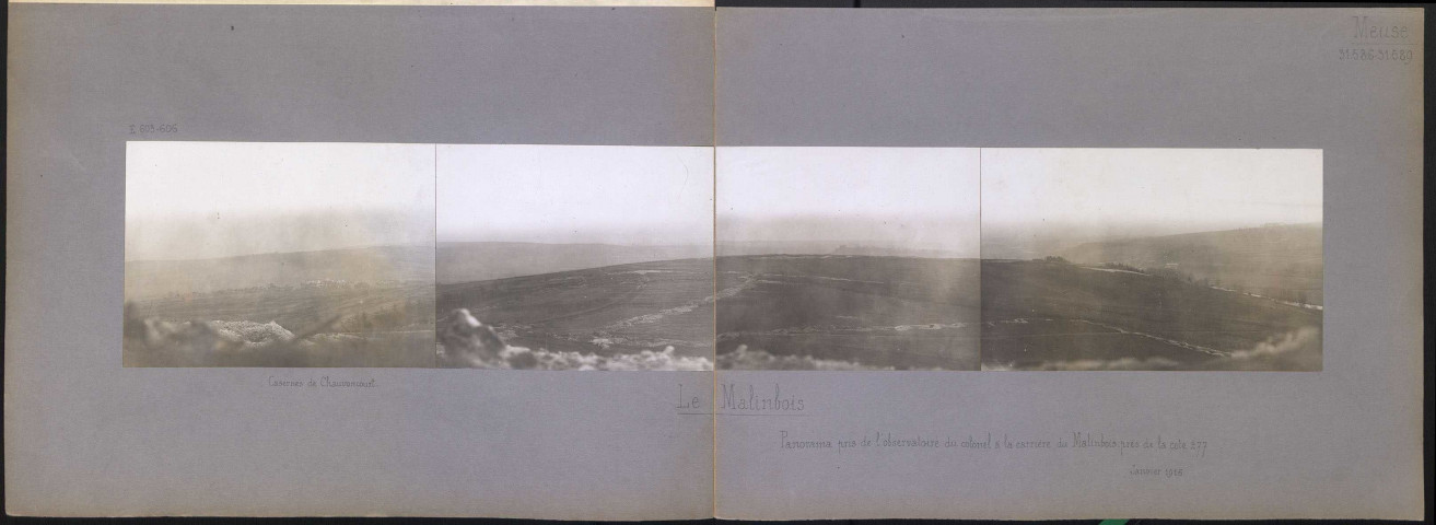 Le Malinbois (Meuse). Panorama pris de l'observatoire du colonel à la carrière du Malinbois, près de la cote 277. Casernes de Chauvoncourt