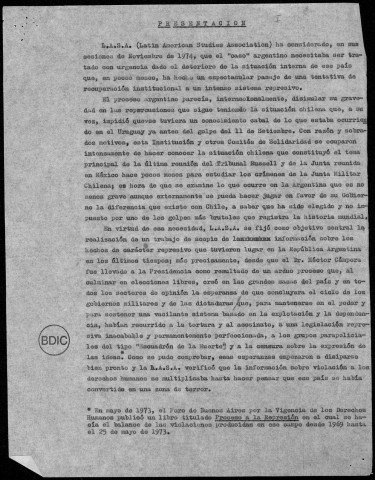 Argentina de hoy : un régimen de terror. Informe sobre la represión desde julio de 1973 a diciembre de 1974. Texte présenté à la LASA en mai 1975.