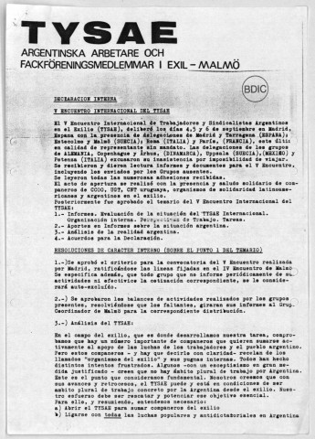 Rencontres internationales TYSAE, Madrid, 1981. Economie et syndicalisme en Argentine, 1981. Correspondance et circulaires en Amérique latine et Europe, 1982. Sous-Titre : Fonds Argentine