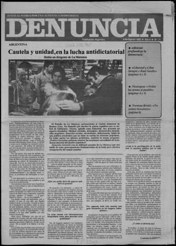Denuncia. N°71. Julio-Agosto 1983. Sous-Titre : Junto al pueblo por una auténtica democracia