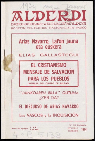 Alderdi (1974 : n° 290-295). Sous-Titre : Boletín del Partido nacionalista vasco