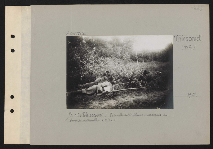 Thiescourt (près). Bois de Thiescourt : patrouille de tirailleurs marocains et chien de patrouille "Dick"