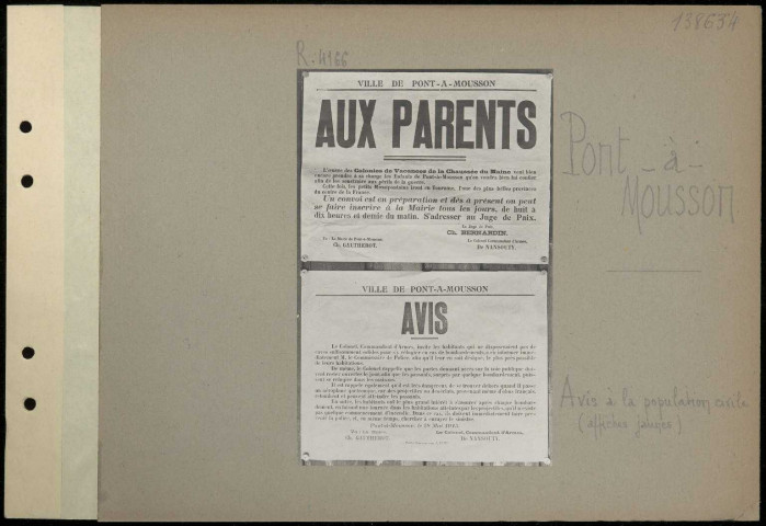 Pont-à-Mousson. Avis à la population civile (affiches jaunes)