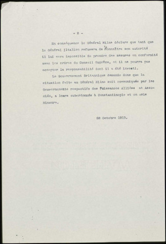 Conseil suprême des puissances alliées. 1-3-12-13 novembre 1919. Rapports sur : Hongrie; Nouveau traité avec la Grèce; Occupation du Mémel; Incidents de SmyrneSous-Titre : Dossier Mantoux