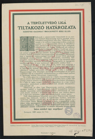 A területvédo liga tiltakozó határozata