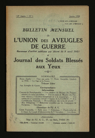 Année 1930 - Bulletin mensuel de l'Union des aveugles de guerre et journal des soldats blessés aux yeux