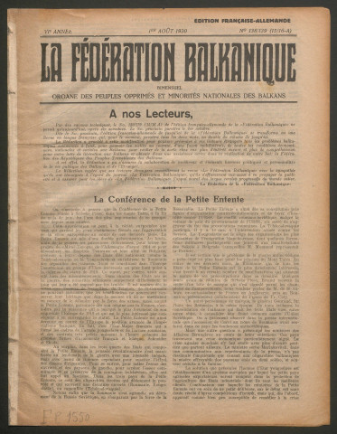 Août 1930 - La Fédération balkanique