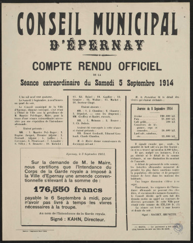 Conseil municipal d'Epernay : compte rendu officiel de la séance extraordinaire du samedi 5 septembre 1914