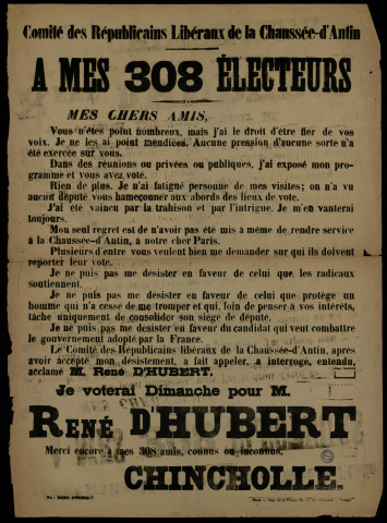 Comité des Républicains Libéraux de la Chaussée-d'Antin : Je voterai Pour M. René d'Hubert