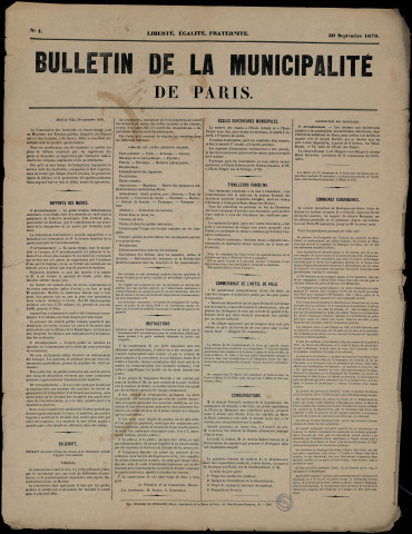 Bulletin de la municipalité de Paris n° 4 : salubrité… Tirailleurs parisiens…