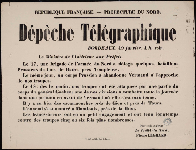 Dépêche télégraphique : L'armée du Nord a délogé quelques bataillons Prussiens…