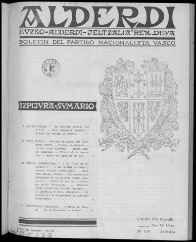 Alderdi (1958 : n° 130-141). Sous-Titre : Boletín del Partido nacionalista vasco