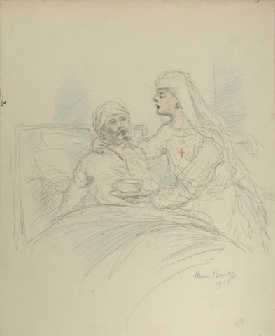 (Infirmière donnant à boire à un blessé dans un lit) 1916