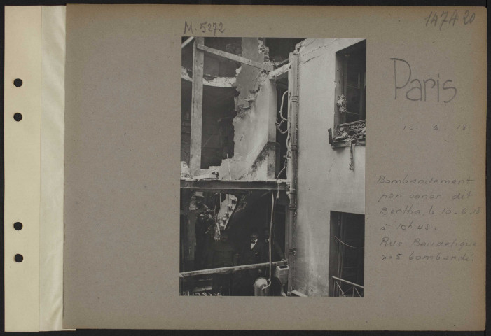 Paris. Bombardement par canon dit Bertha, le 10-6-18 à 10h45. Rue Baudelique. Numéro 5 bombardé