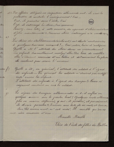 Brillon (59) : réponses au questionnaire sur le territoire occupé par les armées allemandes