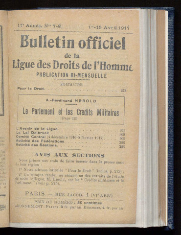 Avril 1917 - Bulletin officiel de la Ligue des Droits de l'Homme