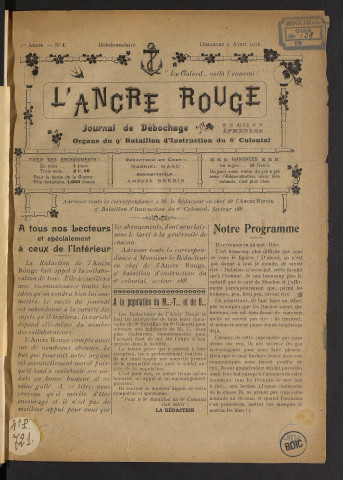 L'ancre rouge, Journal de débochage, Organe du 9e bataillon d'instruction du 6e colonial