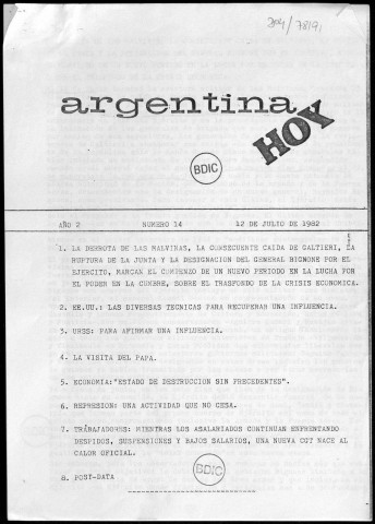 Argentina hoy n°14, 12 juill. 1982.