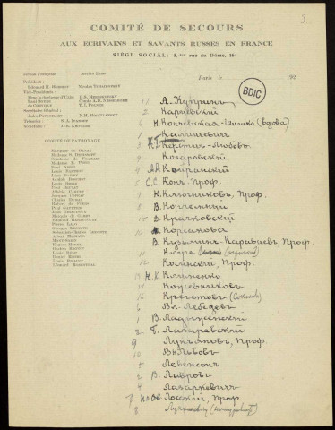 Correspondances et documents divers classés suivant l’ordre chronologique. Novembre-décembre 1923. Lettres de К. Мочульский, А. Дирсен, А. РеMизов, Г. Погорелов, В. КузьMин-Караваев, J. Hainglaise…