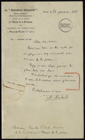 Témoignage d'un télégraphiste sur les premiers jours de la guerre et la bataille de la Marne. Envoi de Alphonse Aulard.