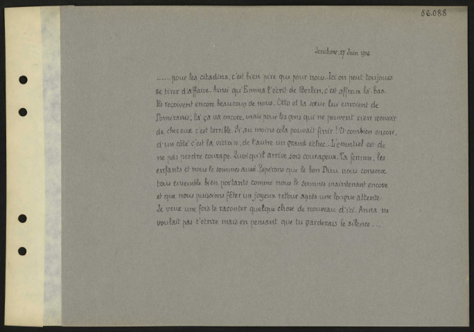 [Traduction de la lettre adressée à Karl Weismann. 27 juin 1916]