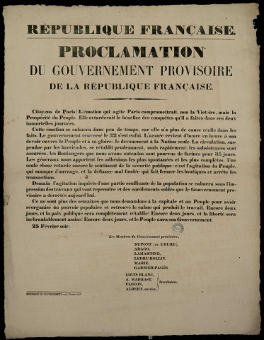 Proclamation du gouvernement provisoire de la République française : encore deux jours, et la paix publique sera complètement rétablie !