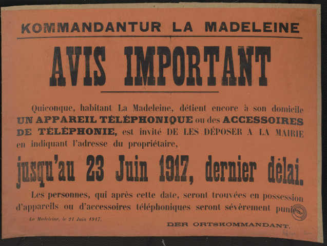 Quiconque, habitant La Madeleine, détient encore à son domicile un appareil téléphonique ou des accessoires de téléphonie, est invité de les déposer à la mairie