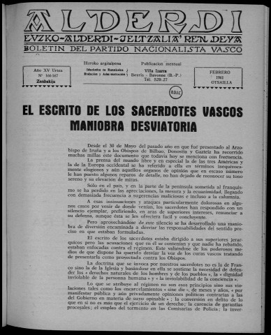 Alderdi (1961 : n° 166-176). Sous-Titre : Boletín del Partido nacionalista vasco