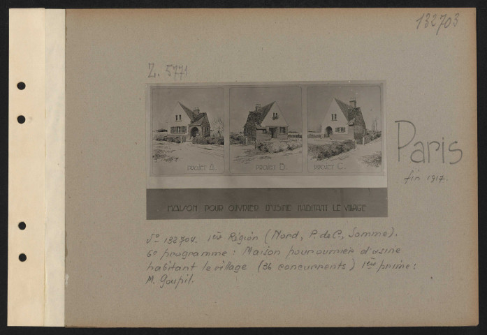 Paris. Musée des arts décoratifs. Exposition des projets d'architecture primés au concours pour la reconstruction des habitations rurales dans les départements envahis. Première région (Nord, Pas-de-Calais, Somme). Sixième programme. Maison pour ouvrier d'usine habitant le village (36 concurrents). Première prime : M. Goupil