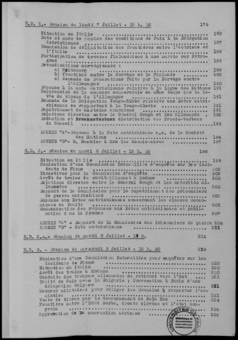TABLE DES MATIERES : Conférences de Paix. Procès Verbaux et Résolutions.- Conférences et réunions du 4 juin au 10 juillet 1919. Sous-Titre : Conférences de la paix