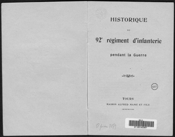 Historique du 92ème régiment d'infanterie