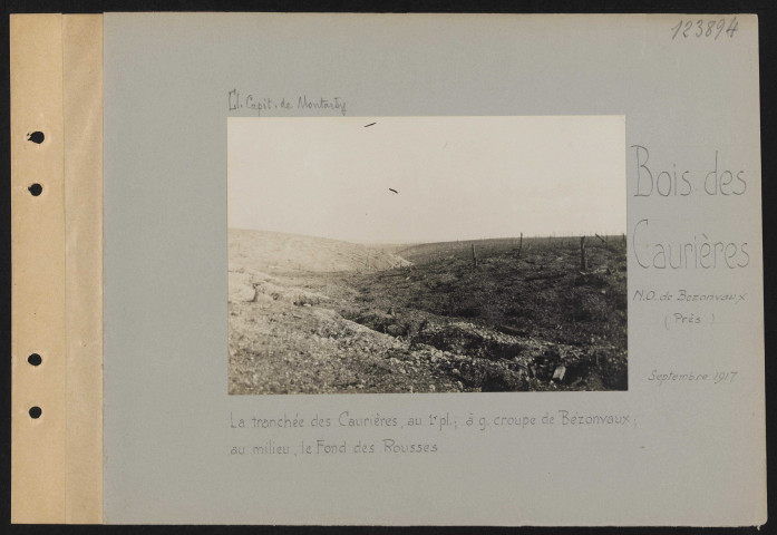 Bois des Caurières (nord-ouest de Bezonvaux) (près). La tranchée des Caurières. Au premier plan, à gauche, croupe de Bezonvaux ; au milieu, le Fond des Rousses