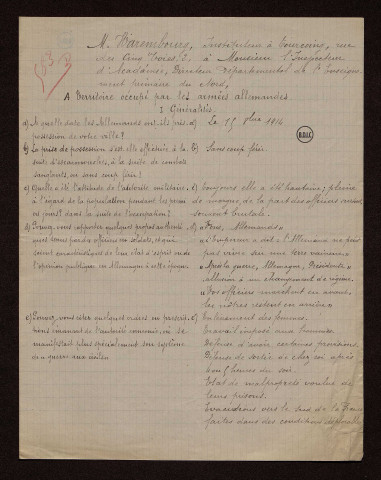 Tourcoing (59) : réponses au questionnaire sur le territoire occupé par les armées allemandes