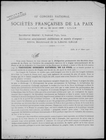 Congrès des Sociétés françaises de la paix. Congrès national de la paix. 1903-1930